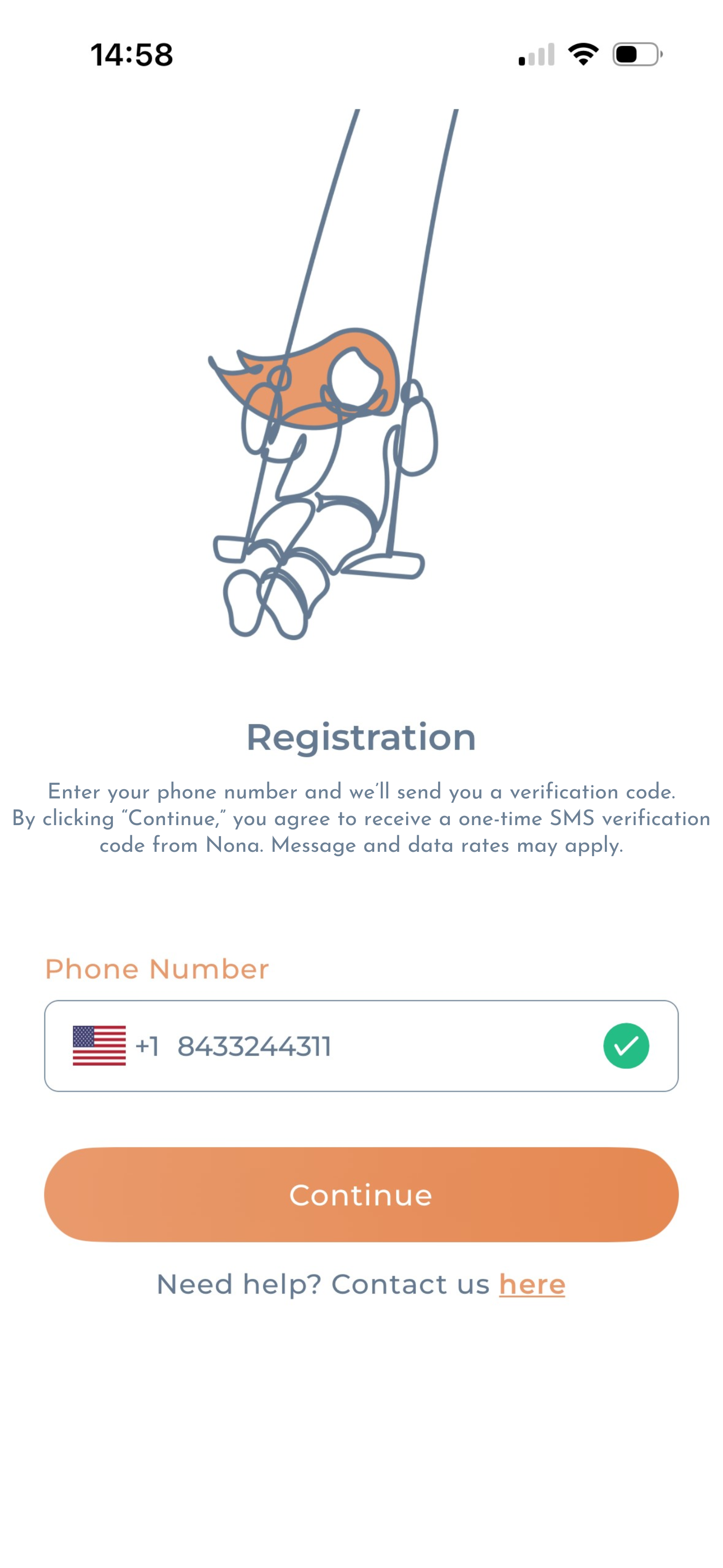 Nona mobile app registration screen — enter phone number for SMS verification