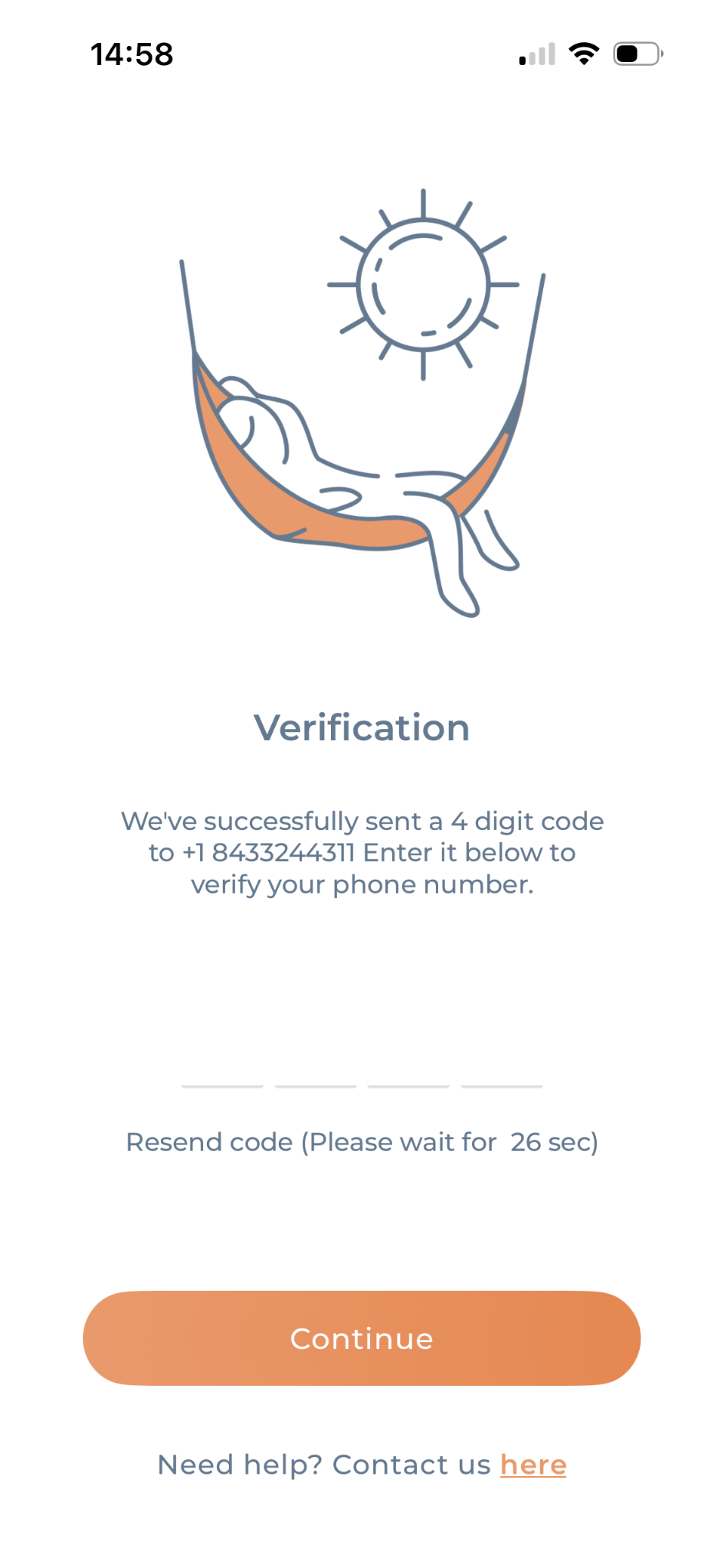 Nona mobile app verification screen — enter one-time SMS code