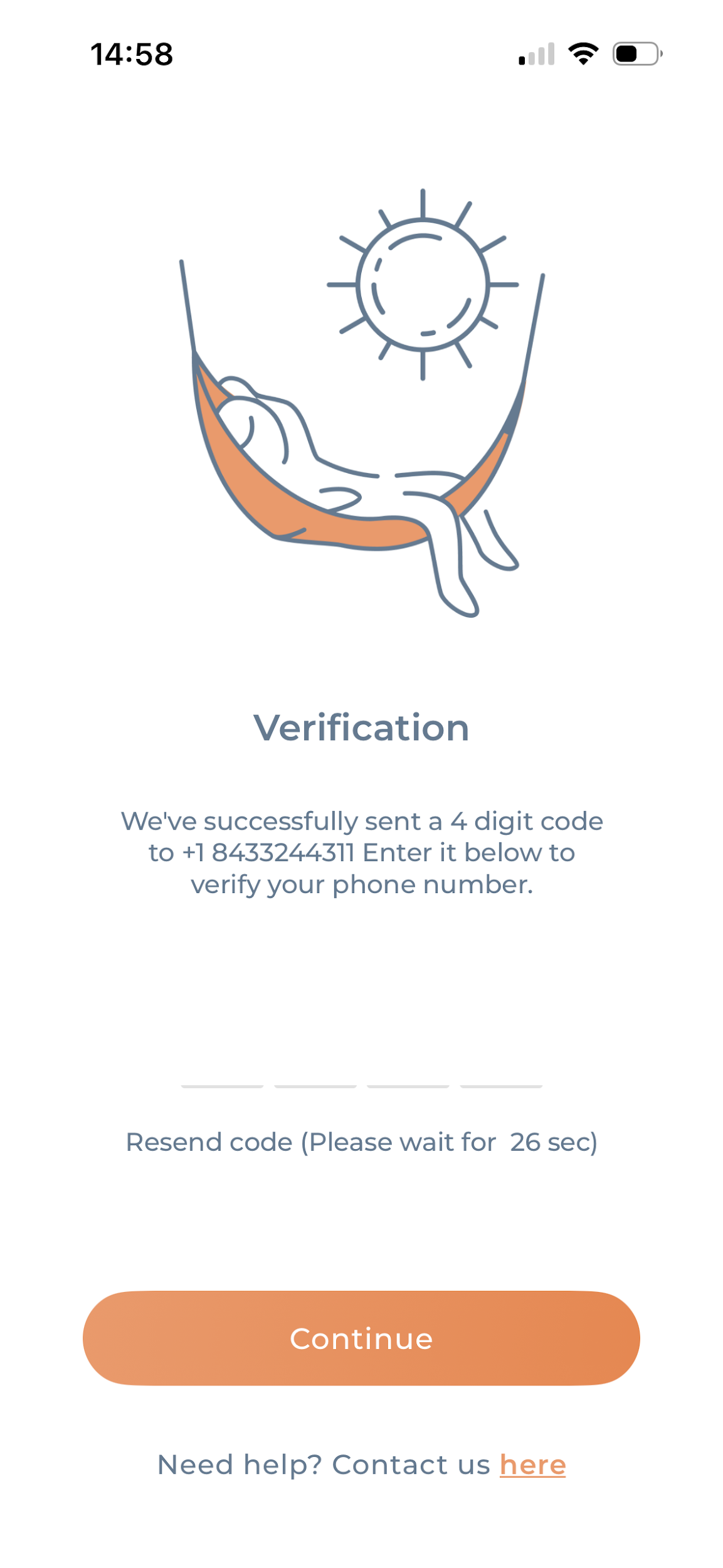 Nona mobile app verification screen — enter one-time SMS code